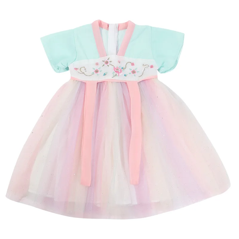 

Rainbow Girls Dresses Children Chinese dresses For Girls flare sleeve New Year Party Summer Dress Color Clothes Costume 2021
