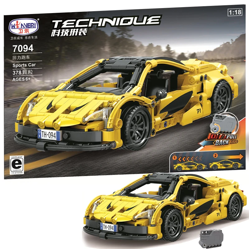 

MOC City Pull Back Sports Yellow Car 378pcs High-tech Creator Model Building Blocks Bricks Toys For boys Christmas Gifts juguete