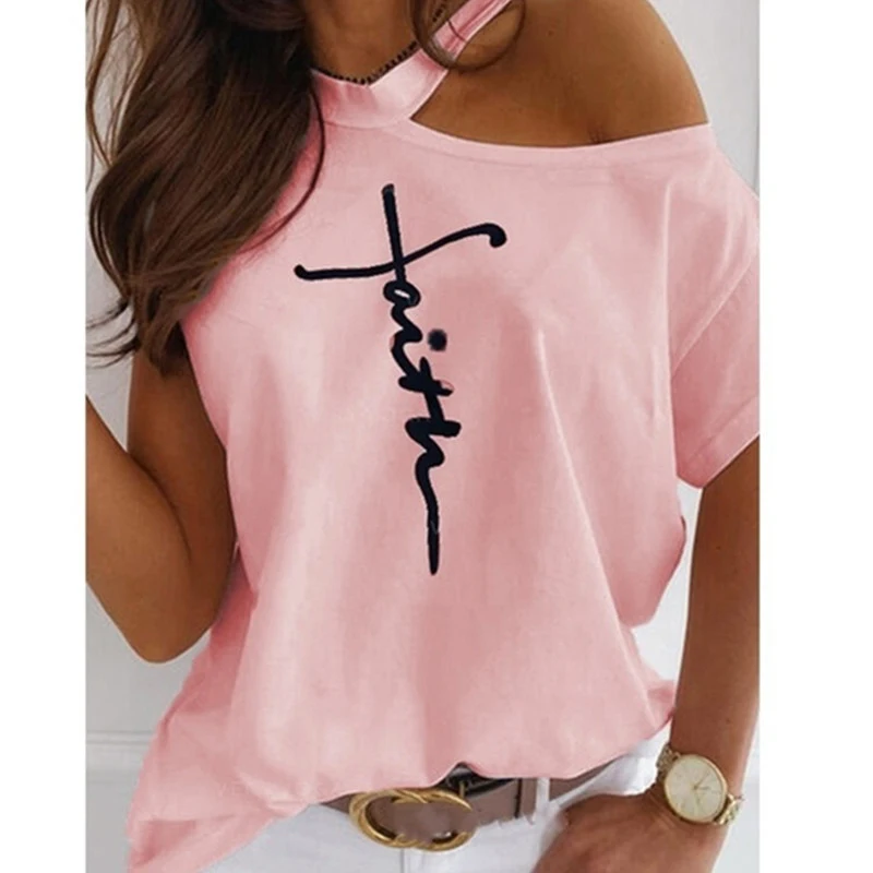

Fashion Summer Casual Lettered Print T-shirt O-neck Short Sleeve Over The Shoulders T-shirts For Women