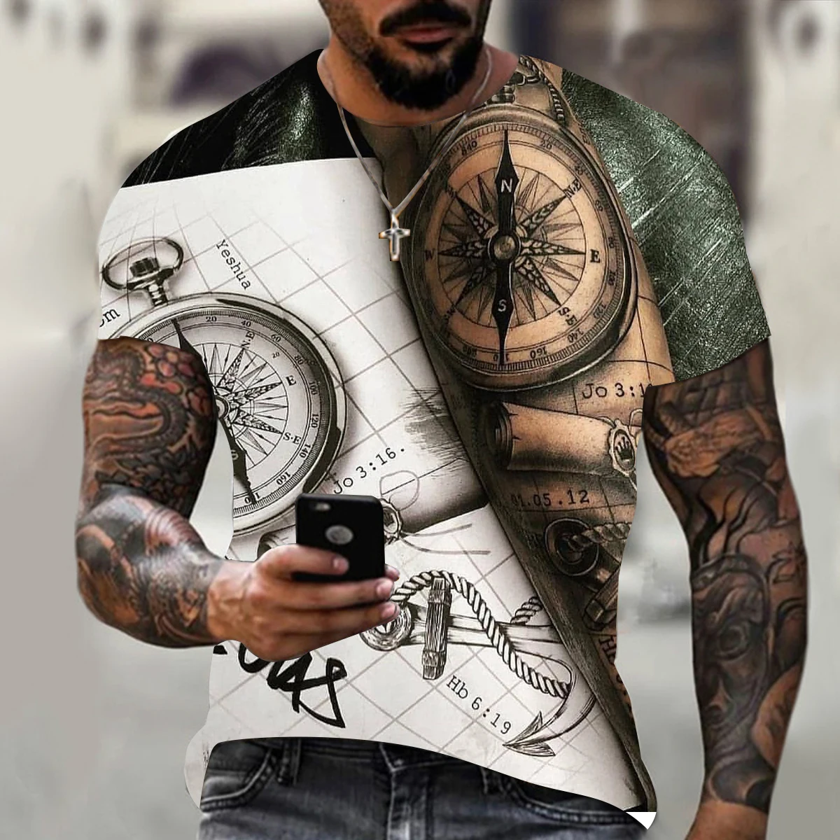 

Summer New Fashion Trend Men's Compass 3D Printing T-shirt Summer Cross-wind T-shirt Short Sleeve Fashion Handsome Streetwear
