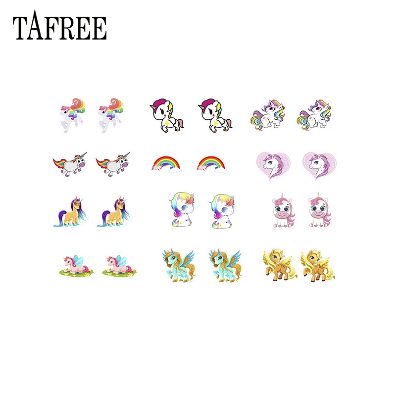 

TAFREE Resin Unicorn Earrings PVC Acrylic Clip on Earrings Epoxy Heat-shrink sheets Tiny ear clip New Cartoon Jewelry for Girl
