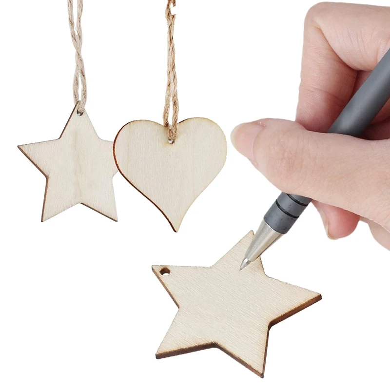 Promotion! 100Pcs 2 Inch Wooden Hearts &amp Stars Shape Slices Blank Tags with Hole Unfinished Wood Cutout Labels DIY Art Craft | Дом и сад