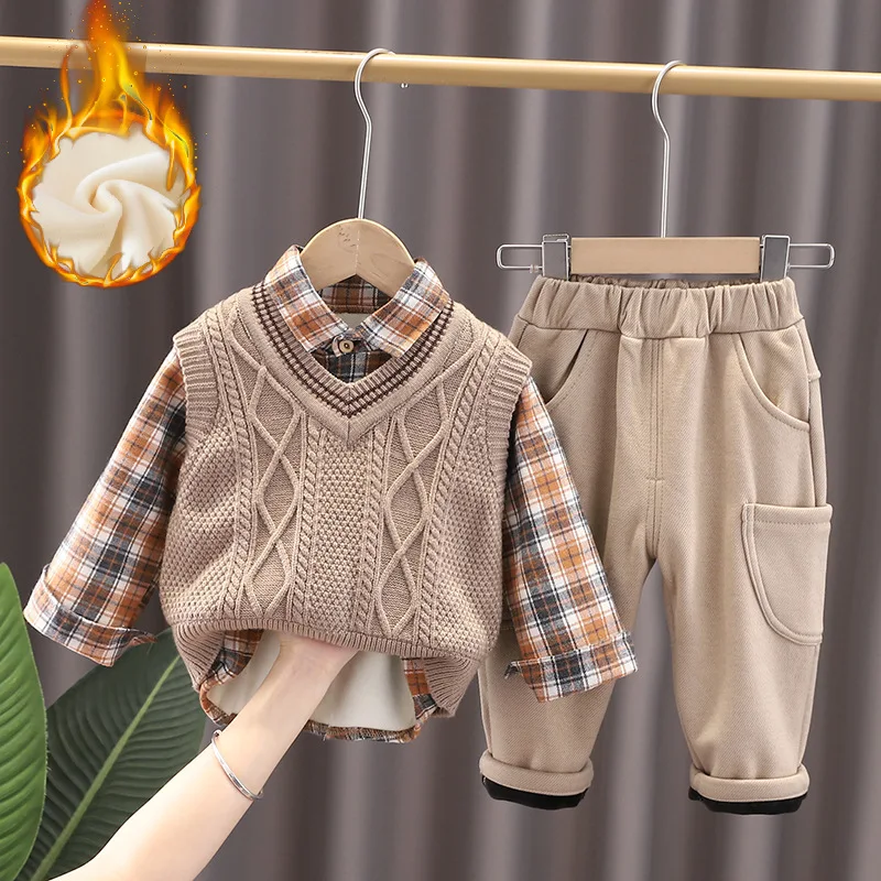 Traje de camisa de invierno para ni&ntilde;os, vestido para beb&eacute;s, versi&oacute;n coreana de finales de oto&ntilde;o, su&eacute;ter de cachemira, tendencia de tres piezas-0
