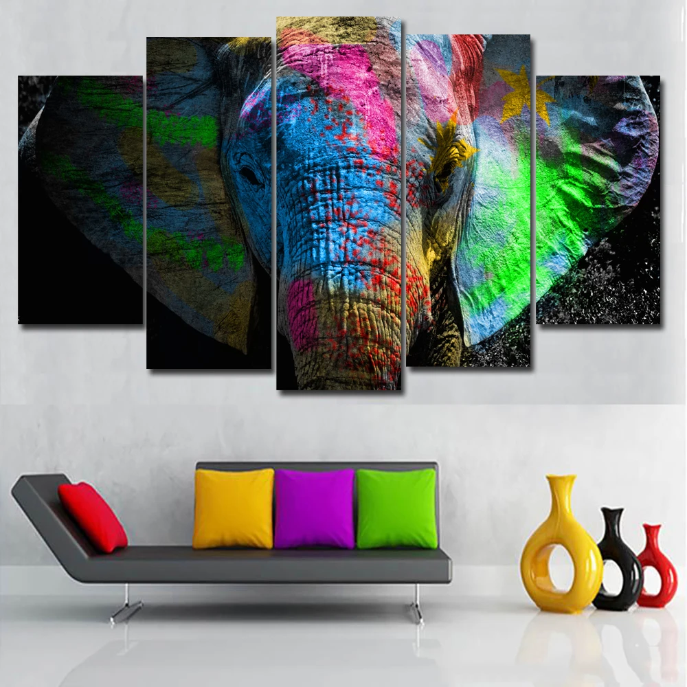 

5 piece Set Colorful Elephant Printed Canvas Painting Living Room Wall Art Animla Pictures No Frames