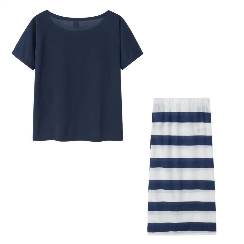 

Women's Off-The-Shoulder Top T-Shirt-Striped Long Skirt Summer Slim Twill Collar 2-Piece Set Women's Casual Ankle Dress