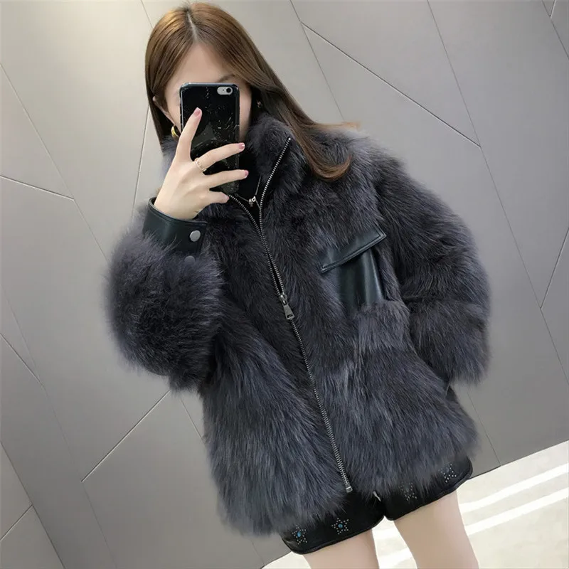 2019 new stand collar ladies fox fur coat large size fashion short leather fur female coat 873
