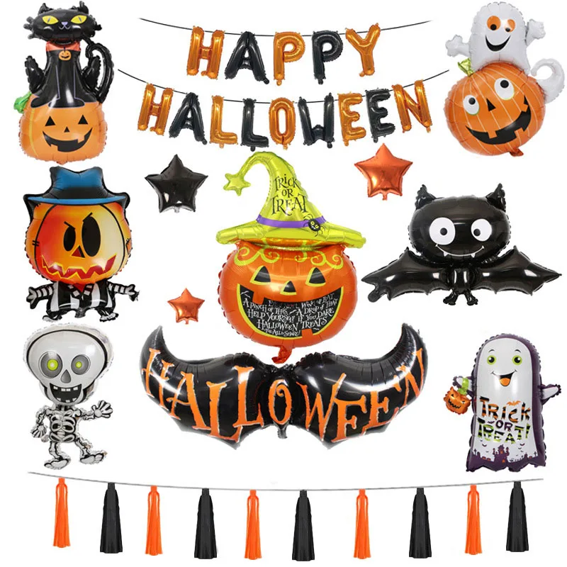 

Halloween ballons set Hotel Mall Decoration Pumpkin Ghost Bats Aluminium Balloons party ballon sets have ribbon and tape