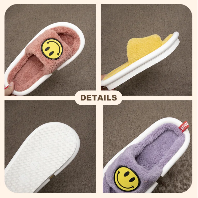 

Mo Dou Smile Face Winter/Spring Men Slippers Flip Flops Soft Cotton Shoes Plush Indoor Cute House Female Slide on Couples Kids