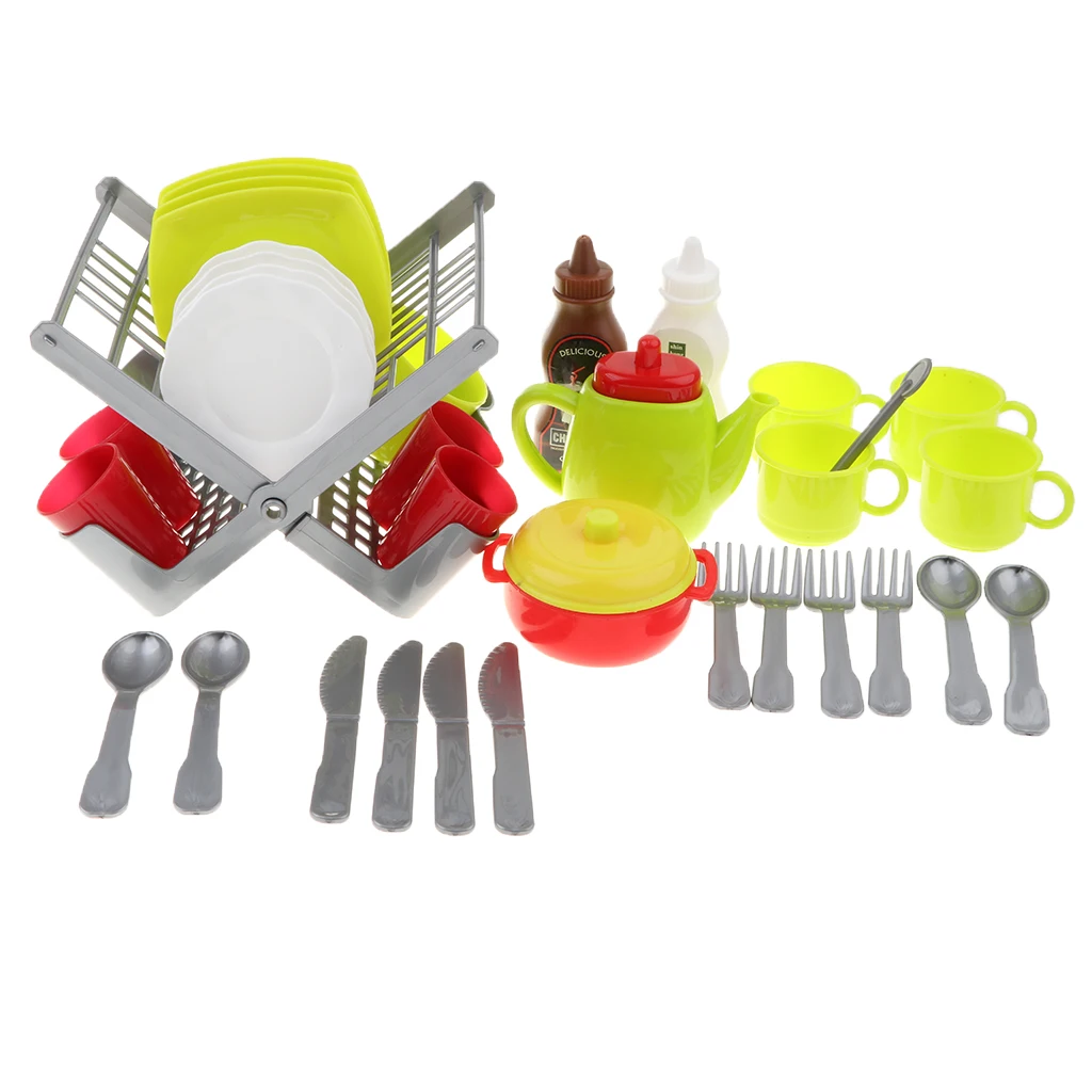 

Durable Kids Children Pretend Play Dish Set (34 Pieces/ Set) with Drainer