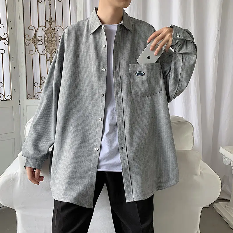 

2021 Spring And Autumn New Youth Popular Men's Loose Solid Color Striped Long-sleeved Shirt Fashion Casual Single-breasted Top