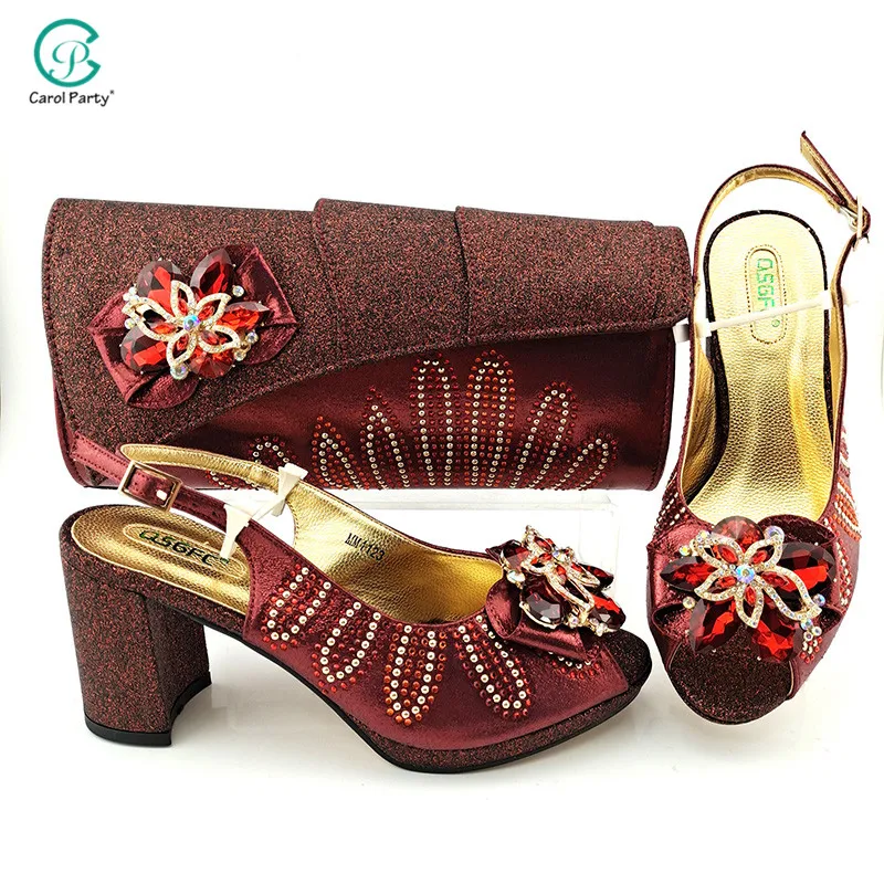 

Nigeiran 2021 New Arrival Italian Design Fashion Flower Crystal Decoration Style Elegant Party Shoes and Bag Set in Wine Color