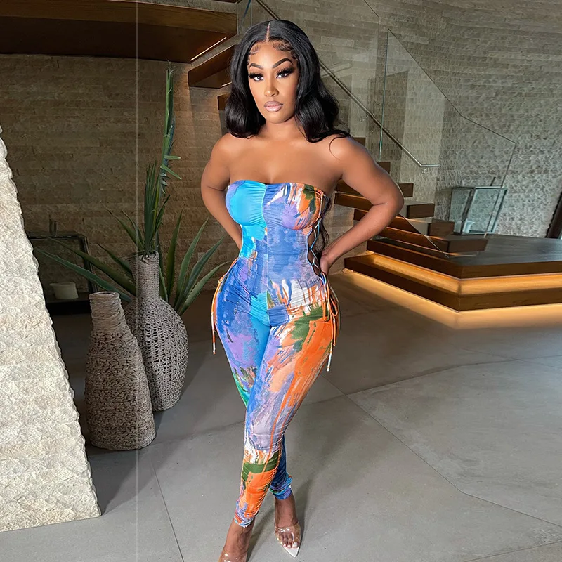 

Women Strapless Bodycon Jumpsuits Tie Dyed Printed Lace Up Streetwear Skinny Rompers One Piece Outfits Overalls Ladies Fashion