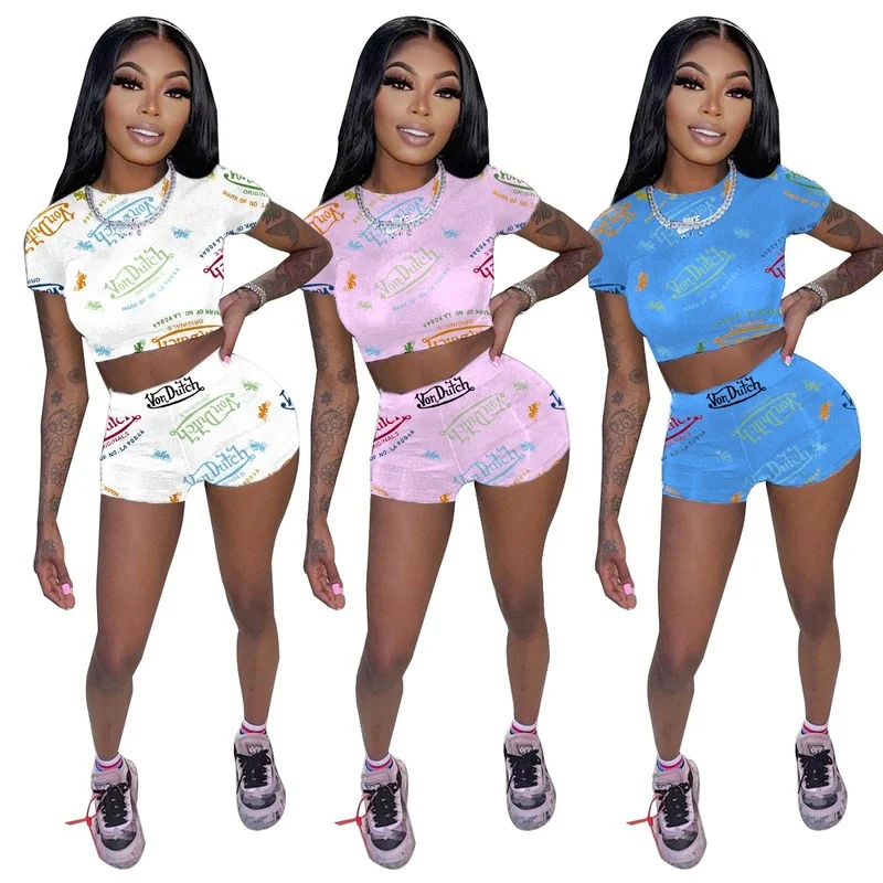 

Summer Suit Sexy Fashion T-shirt Female Shorts Sets Stamped Letters High Waist Shorts Two Piece Set Women Shorts Clothing Sets