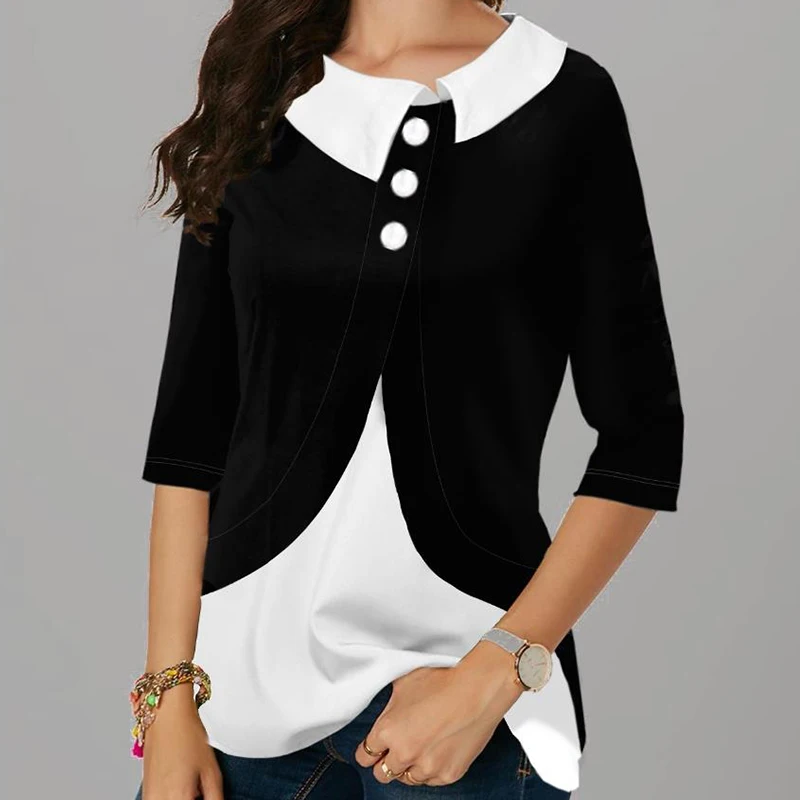 

Blouse 2021 Women New Fashion Turn-down Collar Irregularity Splicing Female 3/4 Sleeve Head Shirt Office Clothes