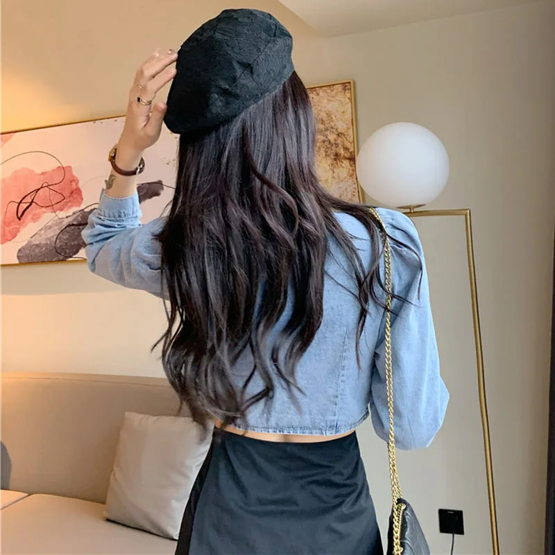 

2021 Spring Female Square Collar Single Breasted Long-sleeved Minimalist Blue Denim Jacket Pleated Cardigan Coat