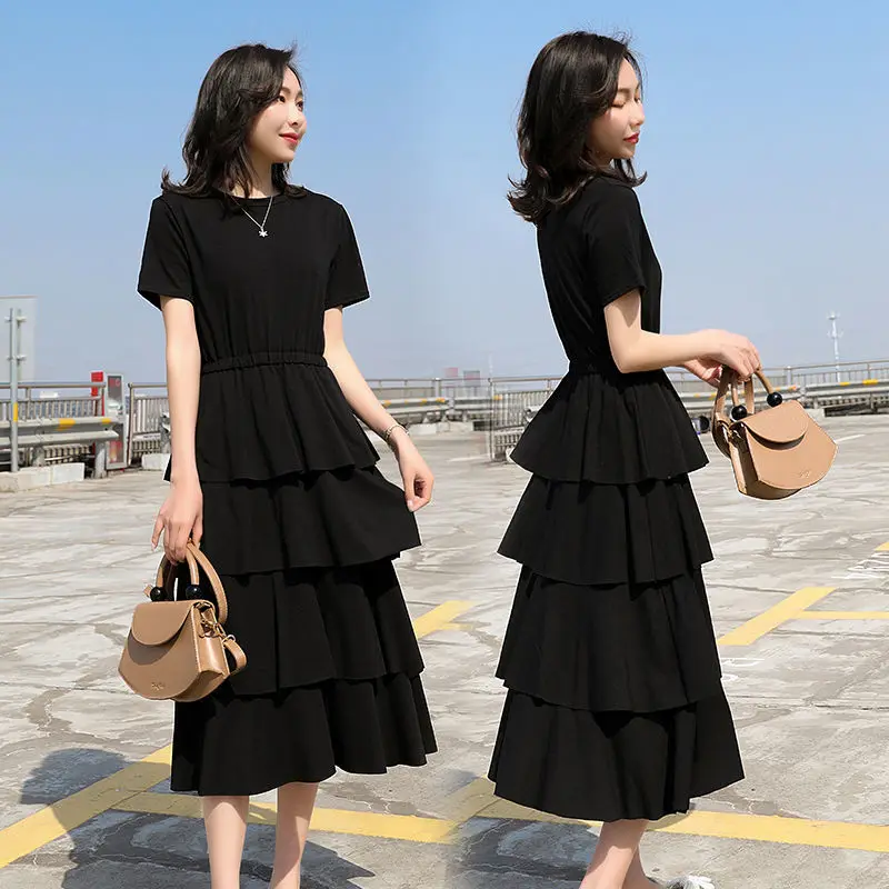 

Large size slim black dress female Xia pangmei's new waist covered cake skirt in 2021