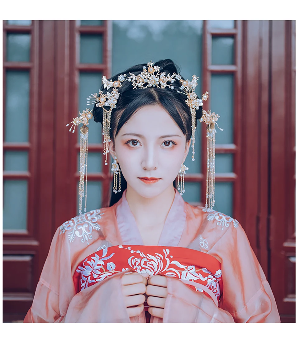 Hanfu головной убор шпилька свадебные головные уборы древний ветер цветок жемчуг ручной работы аксессуары для волос полный набор аксессуаров