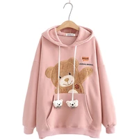 2020 winter women kawaii cartoon bear plush patch warm thick hooded sweatshirts girls plus fleece cute hoodies pullovers 2010108