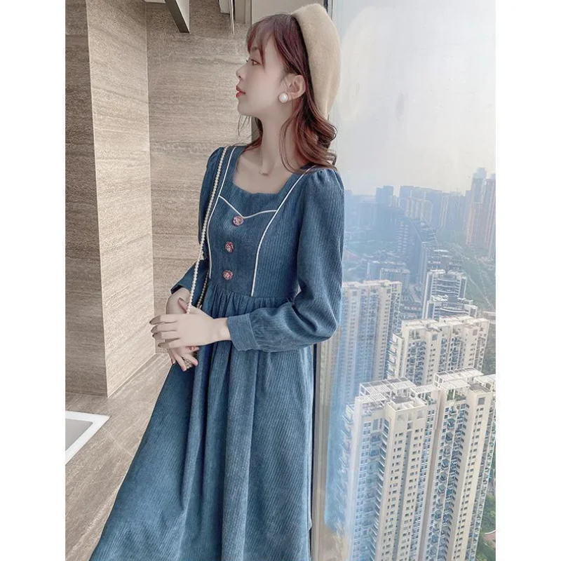 

2022 Long Sleeve Dress Spring Winter Corduroy Square Neck Female Elegant Temperament High Waist Slim Long Dress Hepburn Style