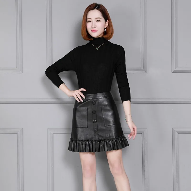 

Qualities Elegant Women Luxury Sheepskin Single Breasted Pockets Pleated High Waist Slim Fit Plus Size A-Line Skirts