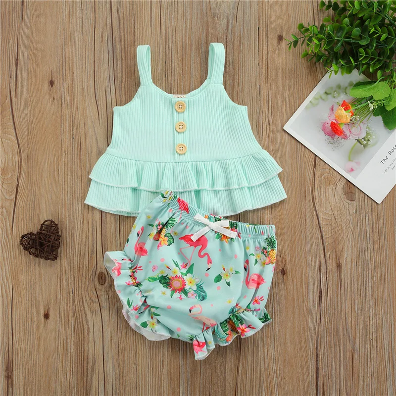 

Baby Girl Summer Outfits 2 Pcs ,Infant Sleeveless Solid Color U-shaped Neck Ruffle Tank Top + Flamingo Print Shorts