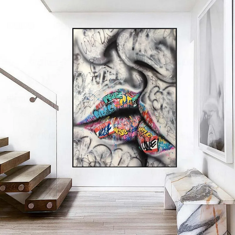 

Lover Kissing Street Graffiti Art Painting on Canvas Posters and Prints Abstract Wall Art Picture for Living Room Home Decor