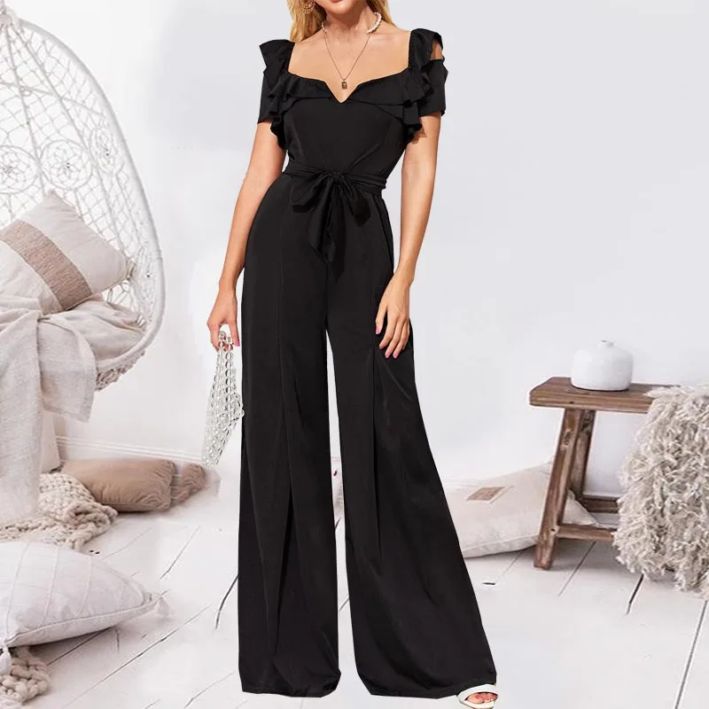

Mandylandy Jumpsuits Summer Short Sleeve V-neck Lace-up Wide Leg Jumpsuits Women's Sexy Ruffle Stitching Solid Color Jumpsuits