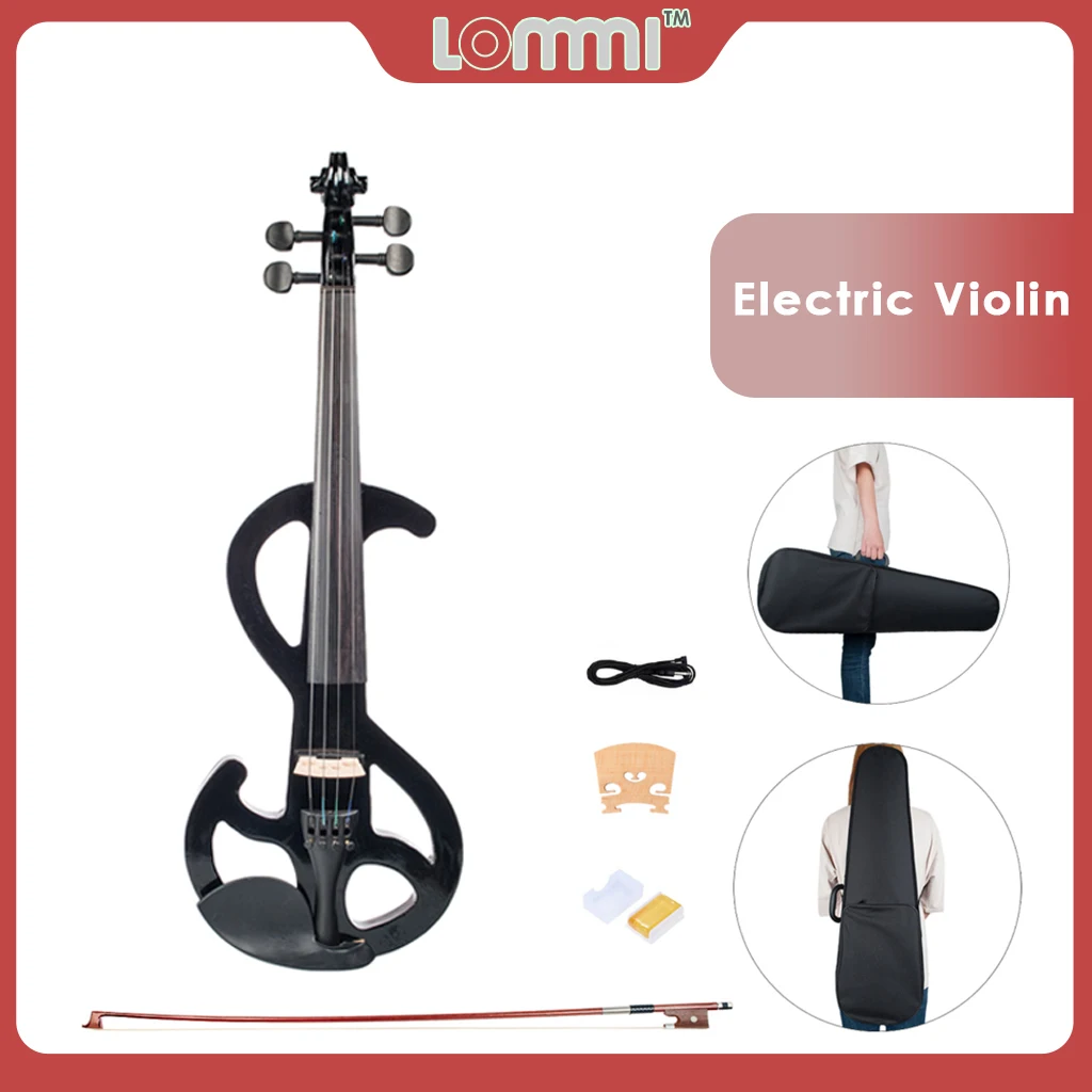 LOMMI Electric Violin Set Black Full Size 4/4 Vintage Solid Wood Metallic Electronic Silent Mahogany Violin W/ Bow+Rosin+Bridge