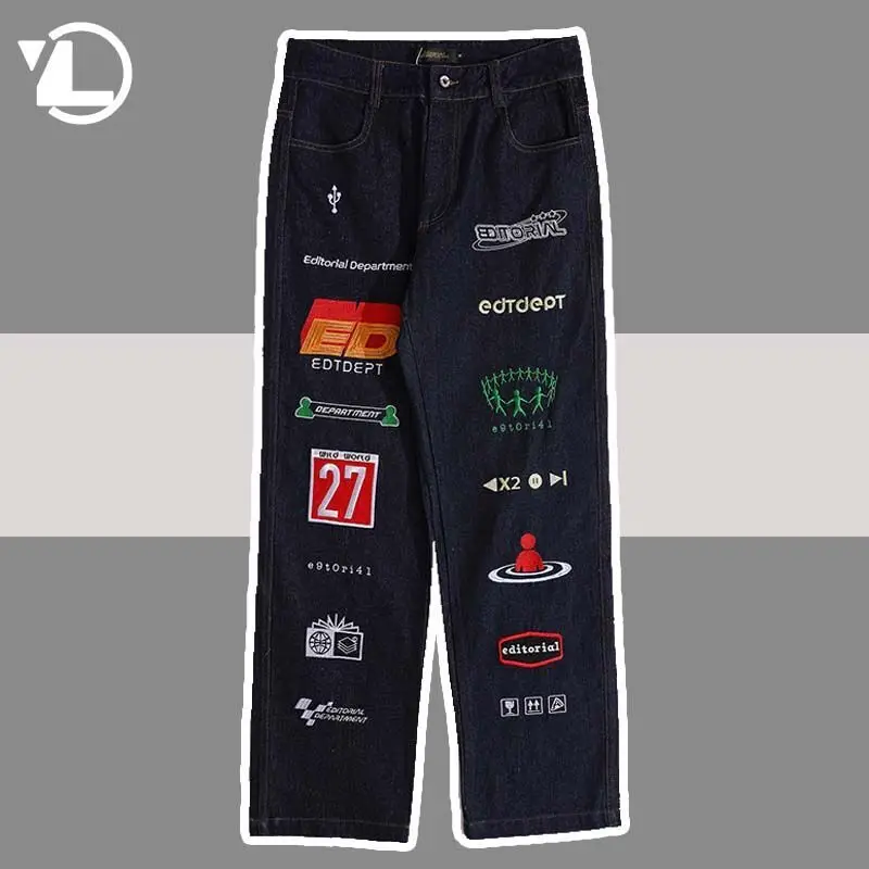 

Джинсы мужские прямые с вышивкой букв, повседневные штаны из денима, уличная одежда, свободные брюки в стиле хип-хоп, панк-рок, черные с эффек...