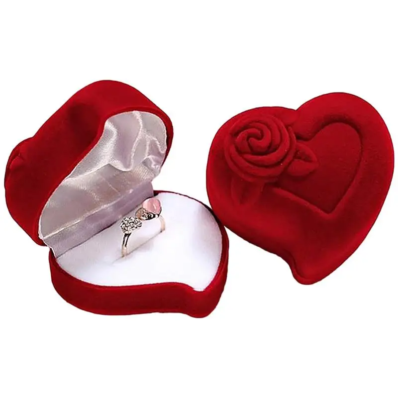 

New Red Heart Shape Velvet Ring Box Jewelry Display Engagement Wedding Jewelry Boxes Rose Flower Design Gifts Holder For Couple