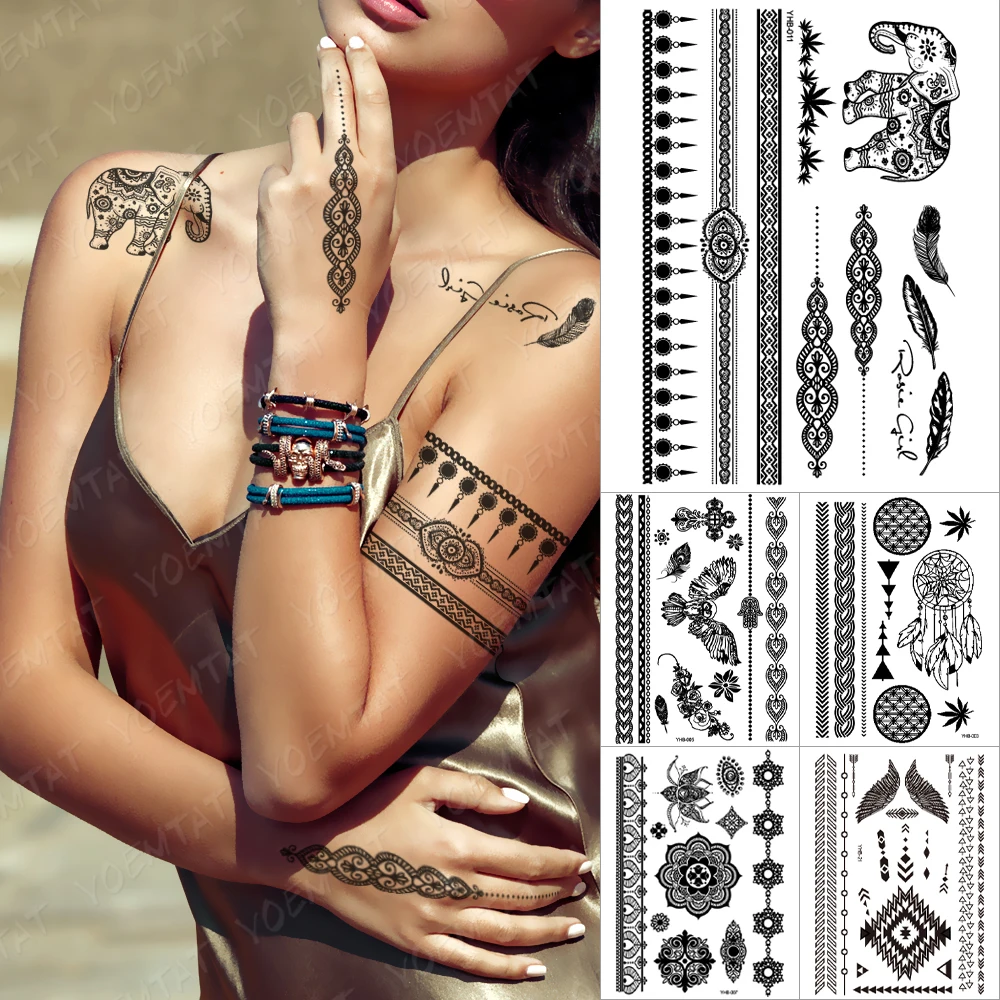 

Black White Indian Bride Henna Mandala Temporary waterproof Tattoo Sticker Lotus Mehndi Lace Bracelet Fake Body Art For Women