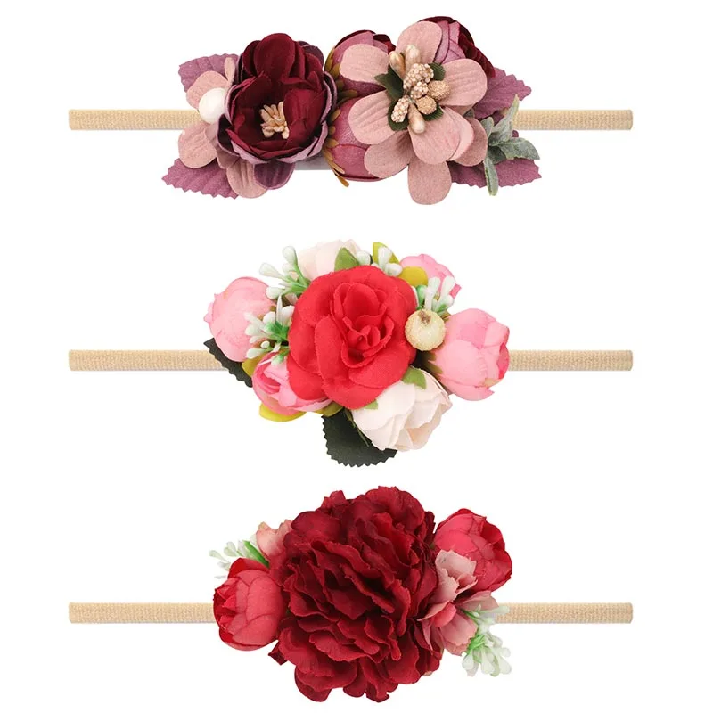 

3 Pcs/set Newborn Artificial Flower Headbands Baby Hair Accessories Nylon Elastic Hairbands Headband Baby Toddler Cute Headwear