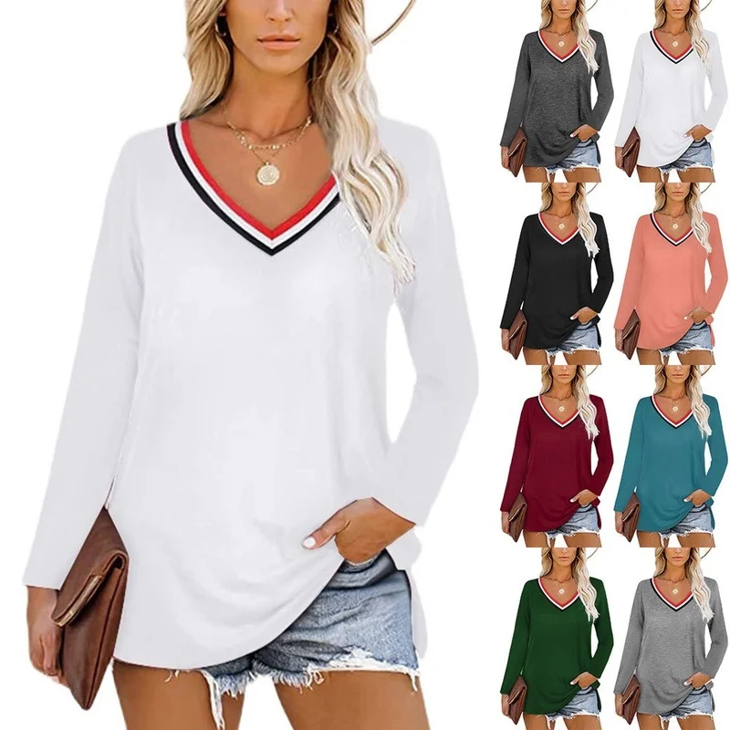 

Women's Top Stripe Stitching Fashion Split Loose Long Sleeve V-neck T-shirts Female Fashion Streetwear Ladies Regular Daily Tops