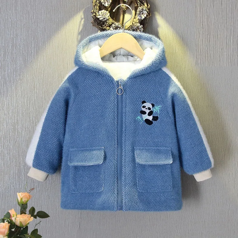 

Winter Warm Thick Velvet Embroidery Panda Child Coat Baby Girls Jackets Windproof Children Outerwear Kids Outfits 1-9 Years Old