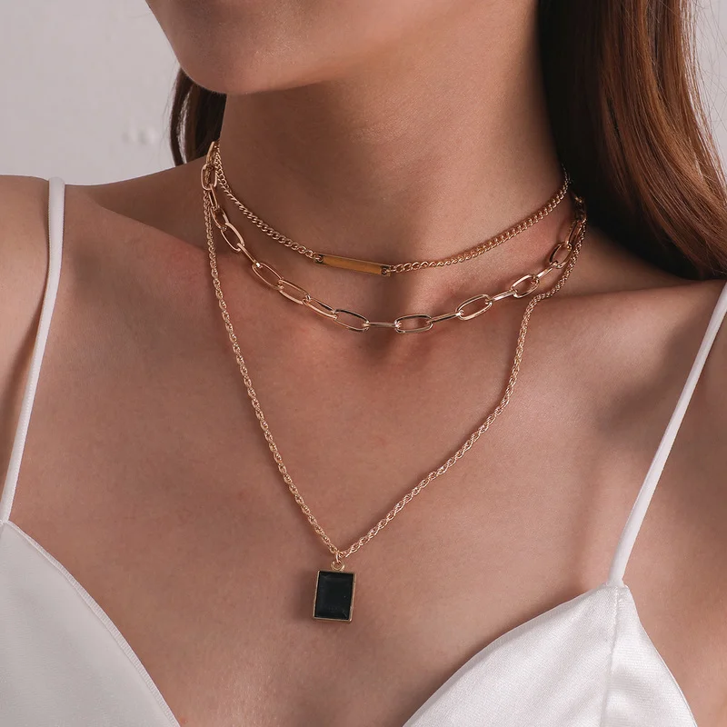 Женский винтажный чокер в стиле панк многослойное ожерелье с квадратным кулоном