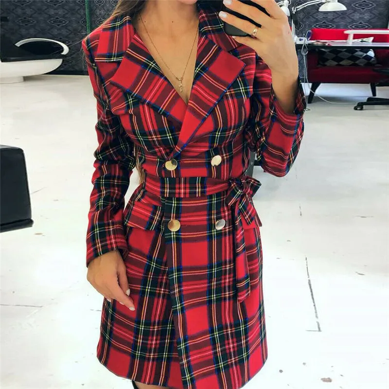 

Vintage Plaid Women Mini Dress Winter 2020 Fashion Double Breasted Slim Dress Plus Size