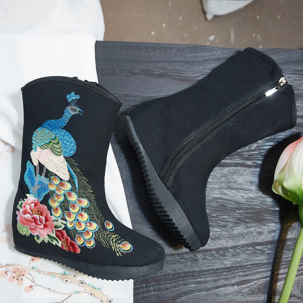 Veowalk Sequins Peacock Embroidered Women Cotton Fabric Short Boots Hidden Wedge Platform Comfortable Autumn Shoes for Ladies | Обувь