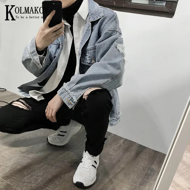 

KOLMAKOV New Denim Jackets For Men For Spring The Blazer Is Patched With Holes Loose Solid Color Lapels Male Coat Size M-2XL