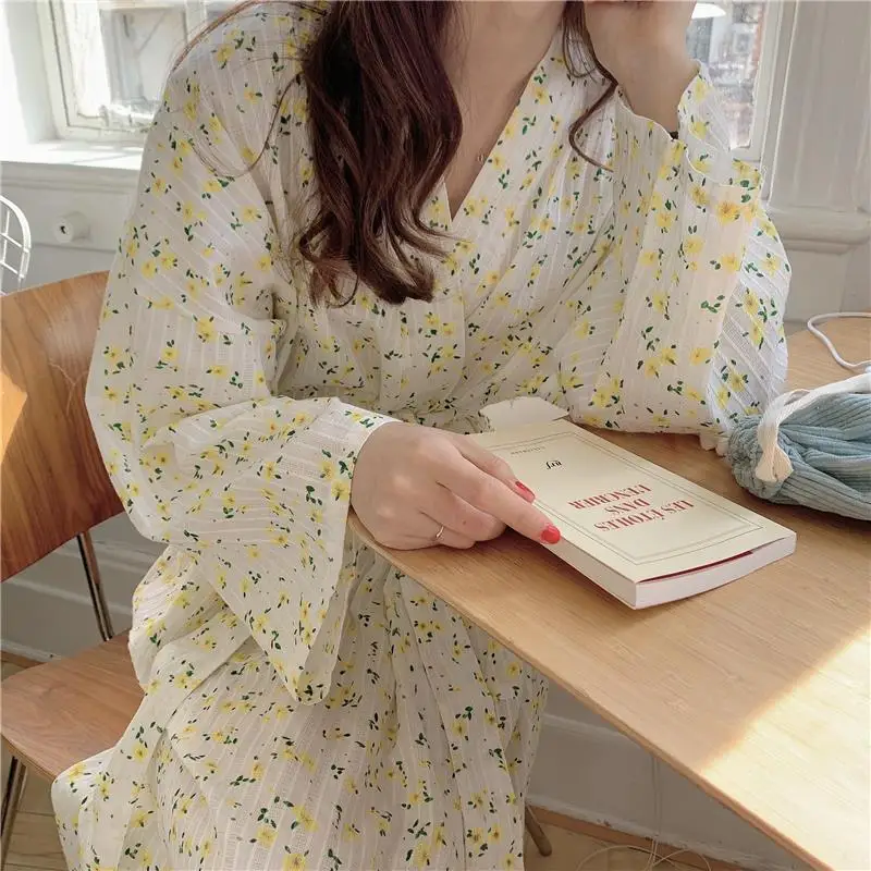 QWEEK Cotton Robes for Women Autumn Kimono Long Floral Print Sleepwear Korean Style Bathrobe Oversize Loungewear Female Bedroom