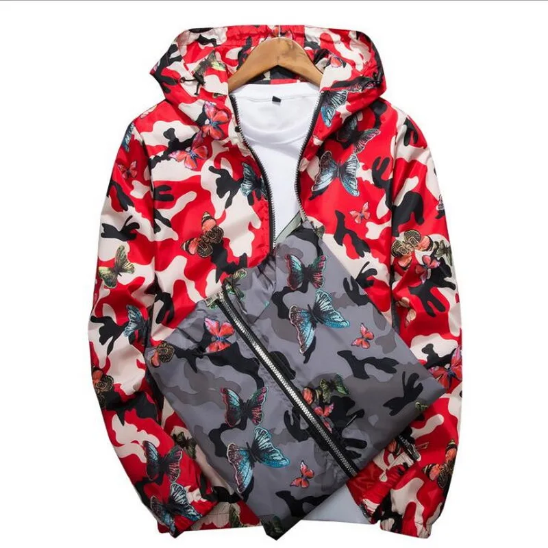 Mens Camo Hoodie Jacket Butterfly Print Clothes Men's Jackets thin Windbreaker Male Outwear Men's Hooded Jacket Asia Size S-4XL