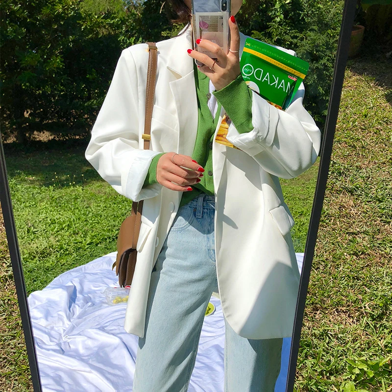 

Chic Loose Light Green Women Blazer Summer One Button Female Suit Jacket Full Sleeve Outerwear blazer femme 2021