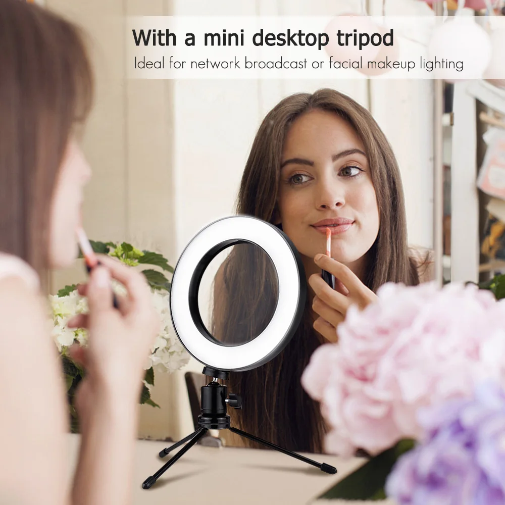 

Mini Light 8 Inch Desktop Mini LED Video Ring Light Lamp Dimmable 3 Lighting Modes USB + Light Stand for Broadcast Selfie Makeup
