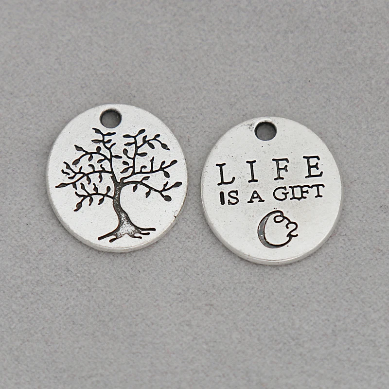 

HAEQIS Round Alloy Tree Of Life Carved Charms Life Is A Gift Message exquisitePendant Charms 20pcs AAC721