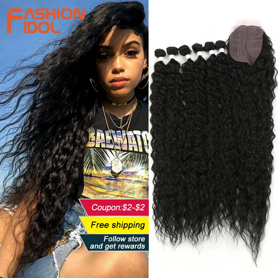 

FASHION IDOL Afro Kinky Curly Hair With Closure For Black Women Soft Long 30inch Ombre Golden Synthetic Hair Heat Resistant