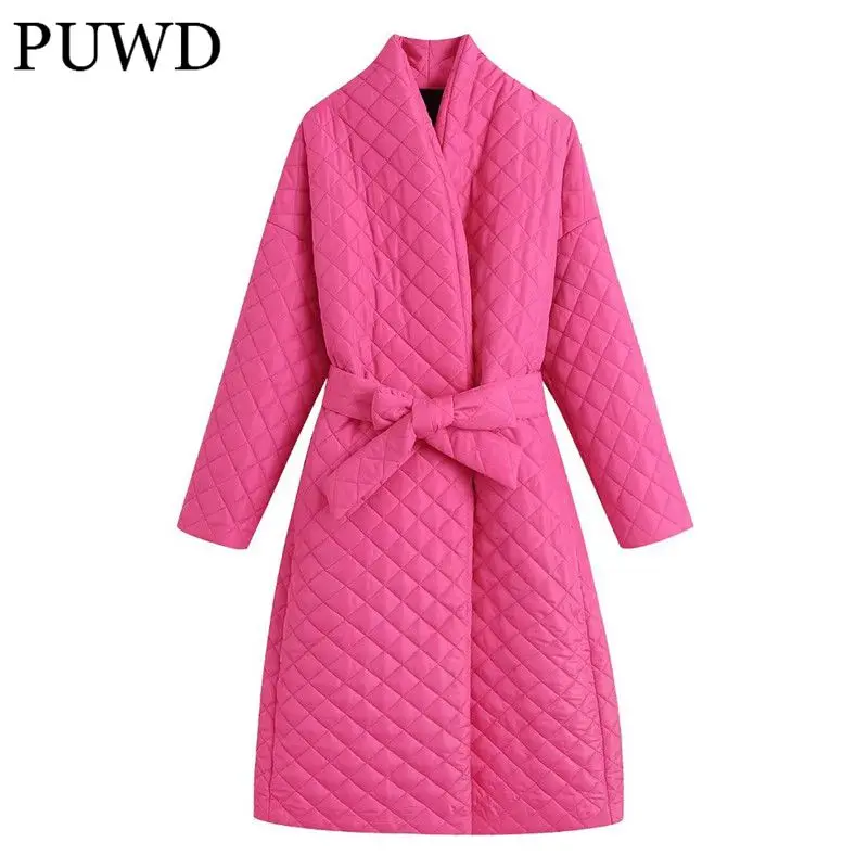 

PUWD Oversize Women V Neck Bow Lace Overcoat 2021 Autumn Fashion Ladies High Street Loose Coat Female Pink Casual Cotton Coat