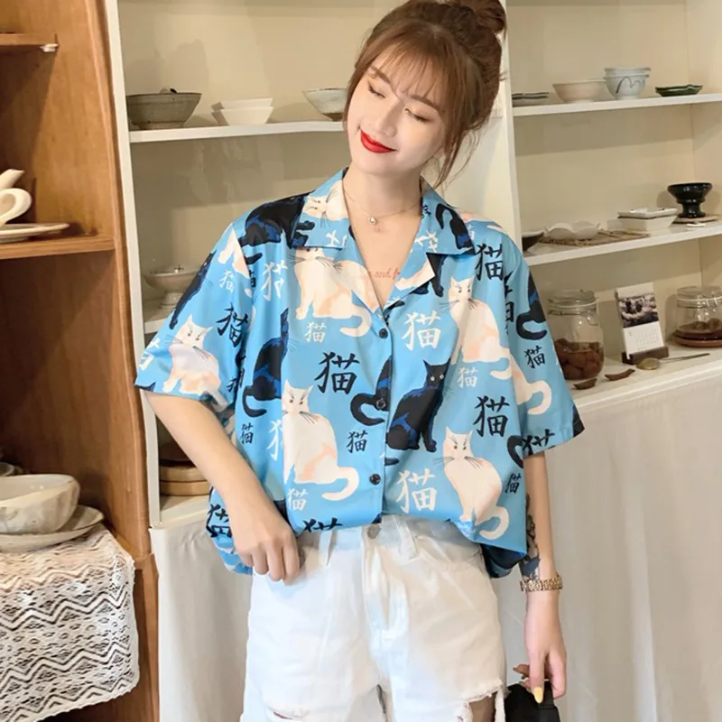 Новинка блузка хараджуку с принтом кошки короткими рукавами летняя модная