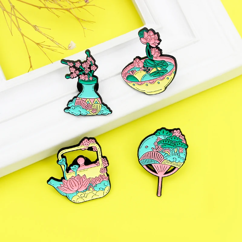 Брошь с эмалью лотос в виде чаши значок на лацкан форме цветка персика веером