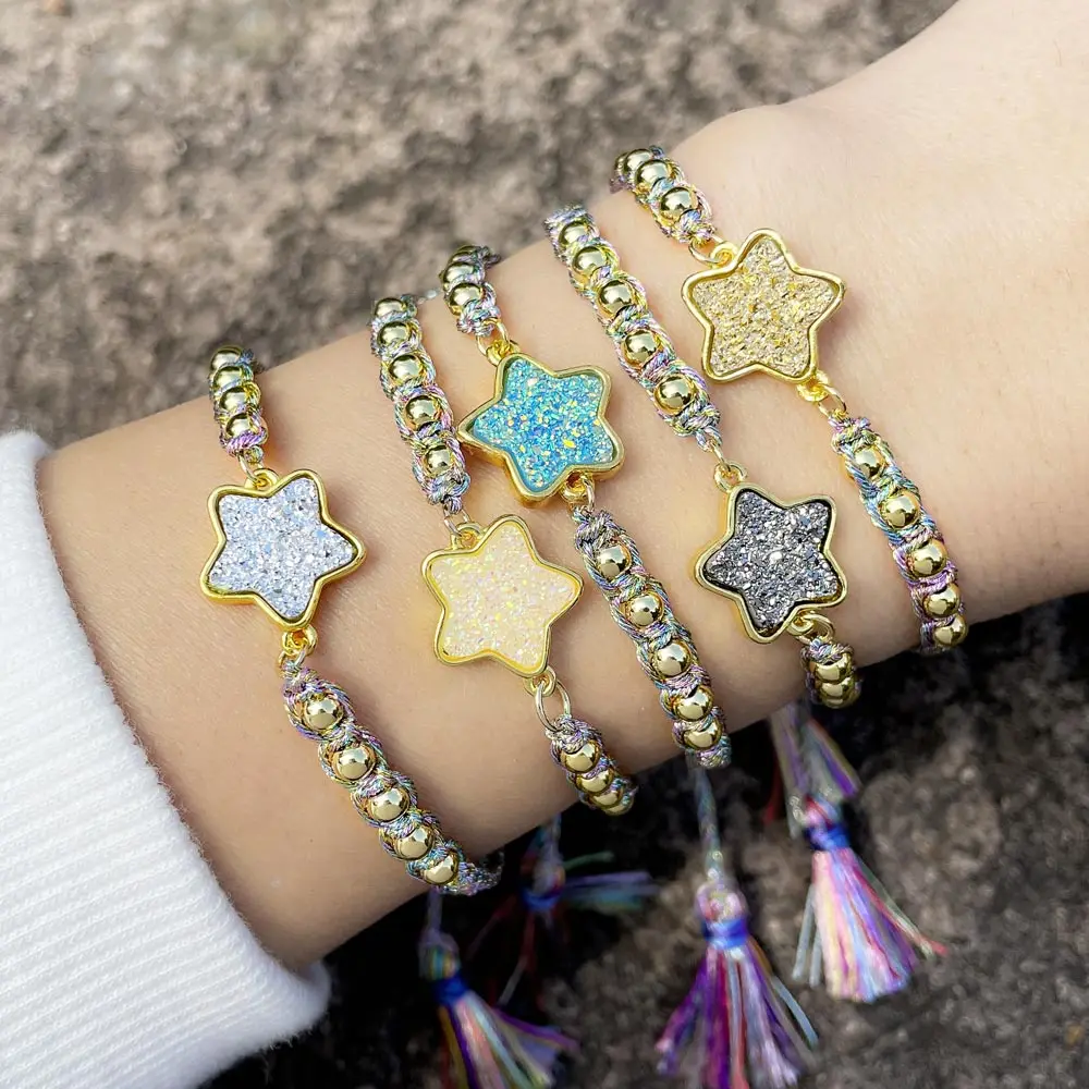 

Rainbow Woven Rope Chain Druzy Star Bracelet for Women Bezel Beads Mexican Tassels Bracelets Bohemian Beach Jewelry Gifts brte64