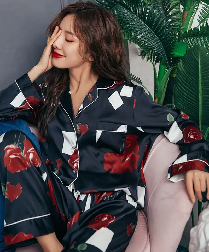 Smmoloa Autumn Winter Long Sleeves Pijama Women Nature Silk Pajamas
