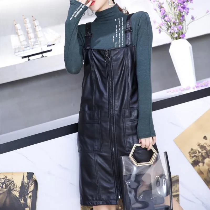 

New High Quality Womens Genuine Leather Camisole Dress Straight Zippers Pockets Sleeveless Sheepskin Fashion Korean Style Dress